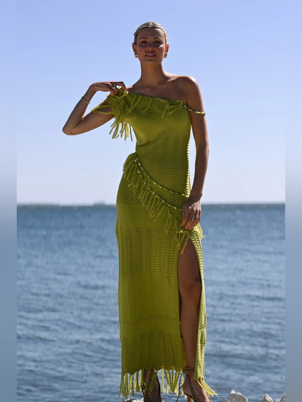 Yllw Frida beaded asymmetrical neck fringe trim slit maxi dress chartreuse XS - Picture 2 of 8